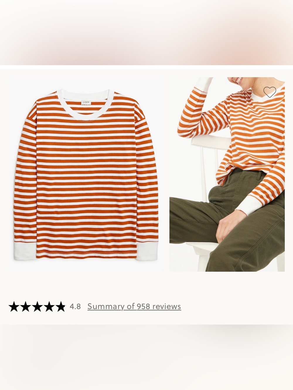 J.Crew women’s Rust & White Striped Long-Sleeve Cotton T shirt
